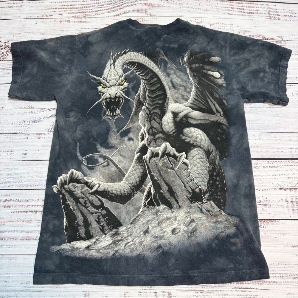 The Mountain Dragon Graphic T-Shirt Medium Grey Tie Dye Cotton Pocket Tee